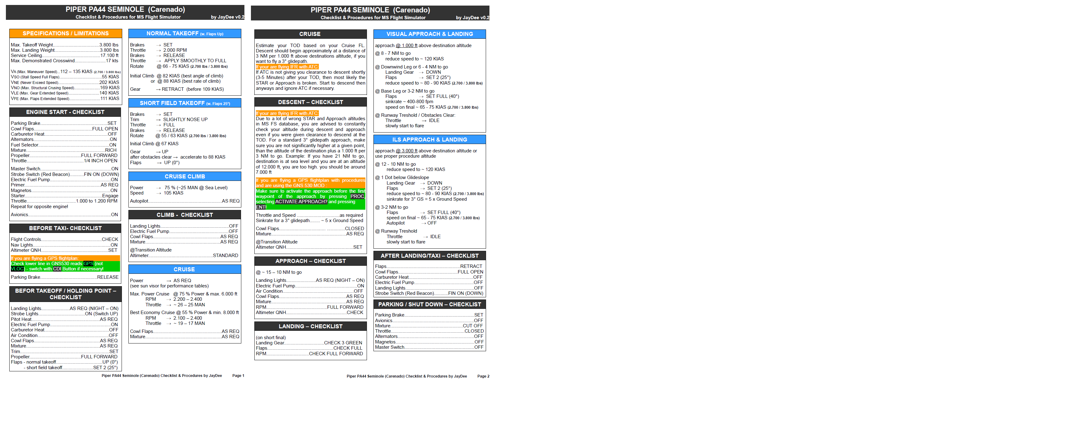 Piper PA44 Seminole Checklist & Procedures - Image 1