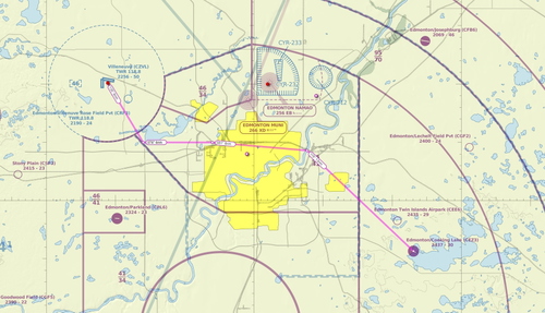 Edmonton Villeneuve to Cooking Lake VFR flight plan route
