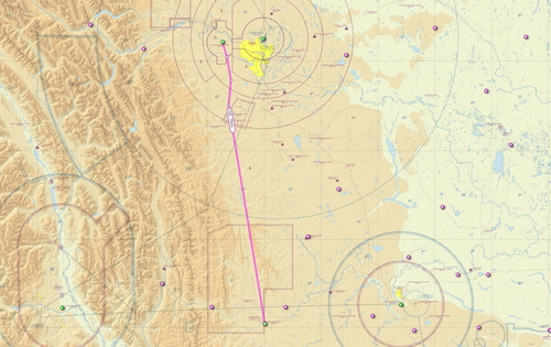 Calgary Springbank to Pincher Creek VFR flight plan route