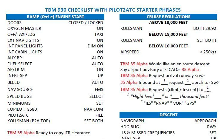 TBM 930 Checklist with Pilot2ATC starter phrases - Image 1