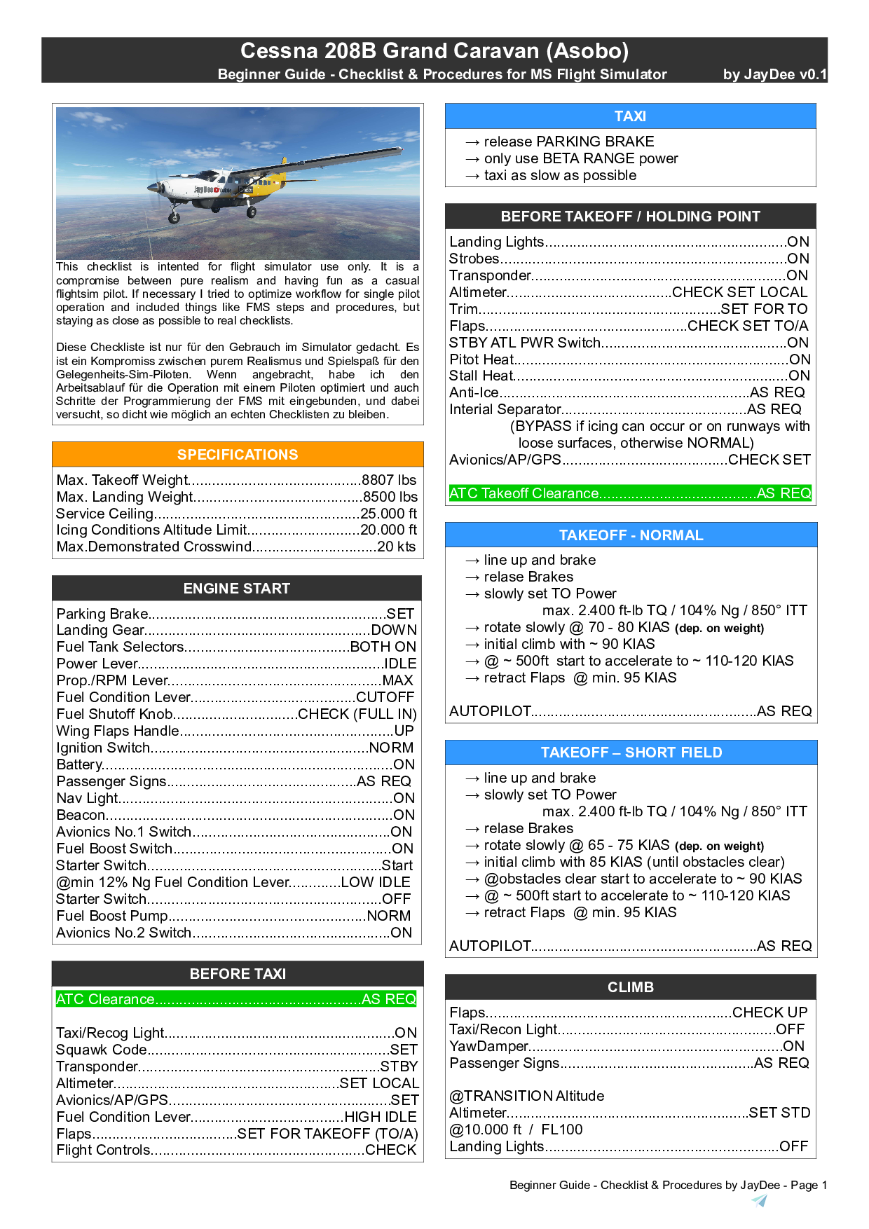 Cessna C208B JDs Comprehensive Checklist Procedures For Microsoft Cessna C208B JDs Comprehensive Checklist Procedures For Microsoft