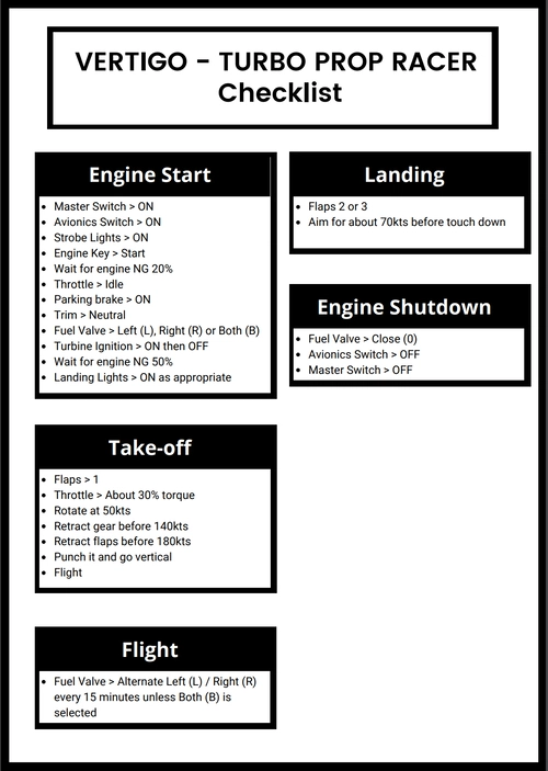 Essential Checklist for VERTIGO - TURBO PROP RACER