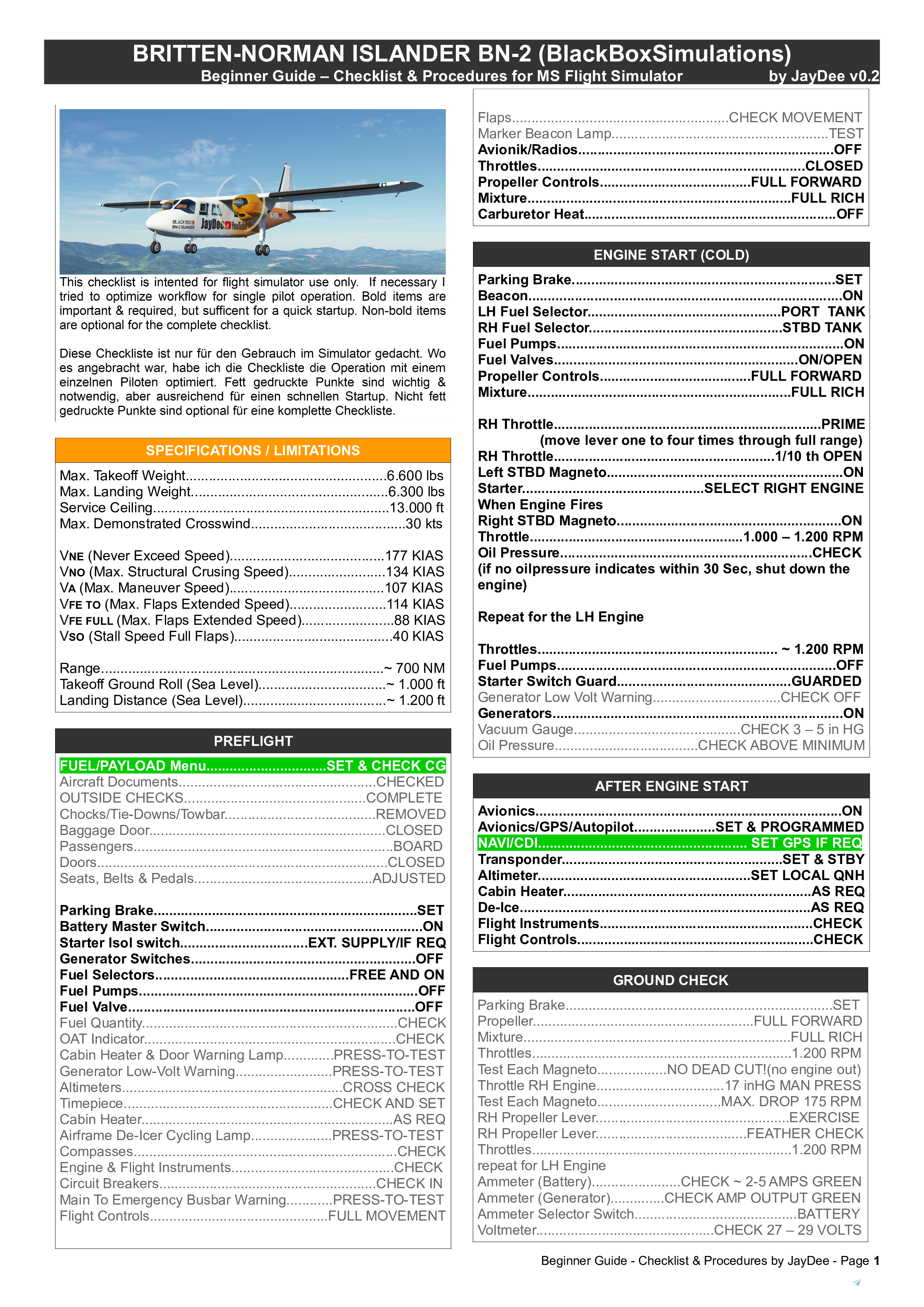 BN 2 Islander - JDs Comprehensive Checklist & Procedures - Image 1