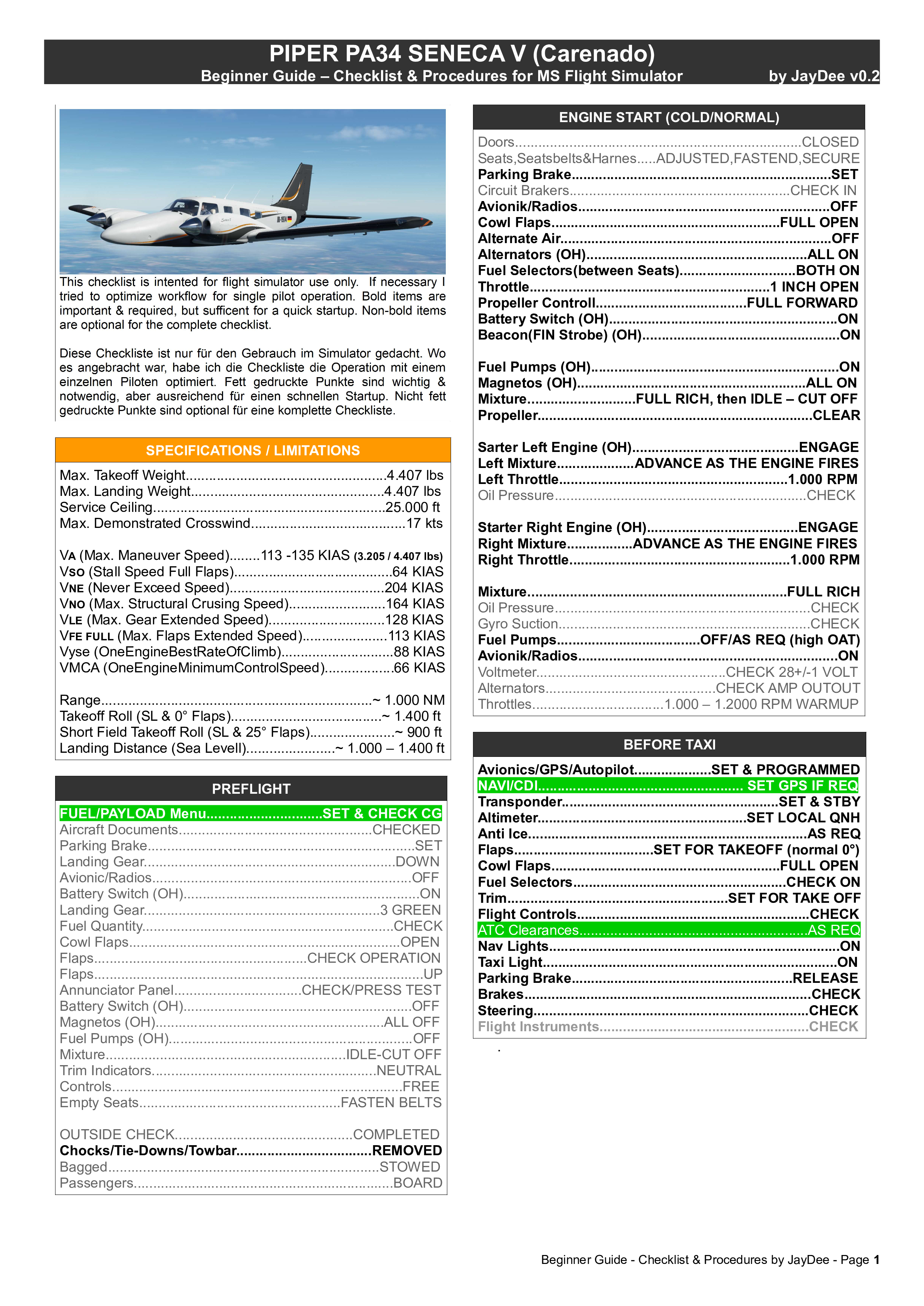 PA 34T Seneca V - Guide Checklist & Procedures  - Image 1