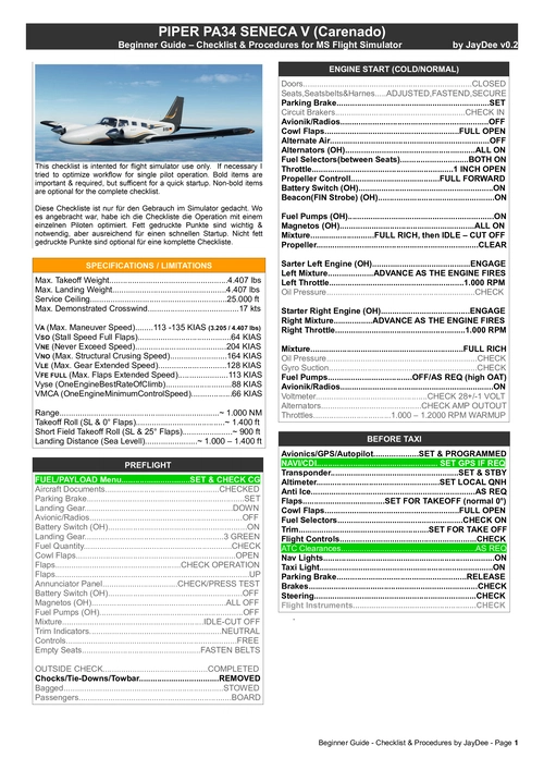 PA 34T Seneca V - Guide Checklist & Procedures 