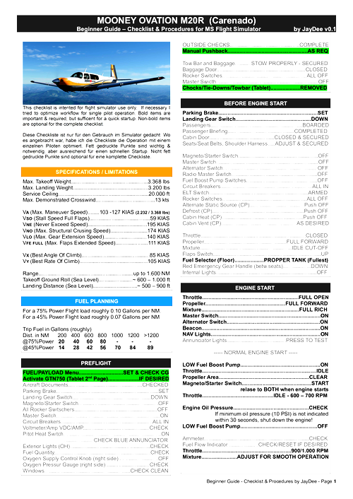 Mooney M20R Ovation (Carenado) Checklist/Procedures/ Beginners Guide