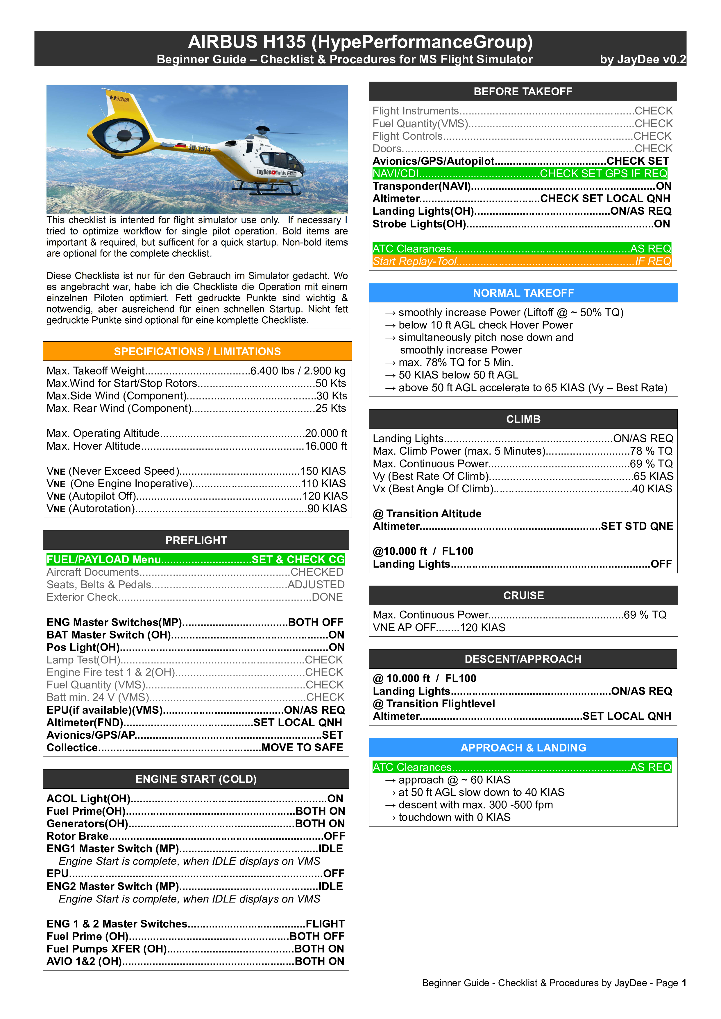 Airbus H135 Helicopter - Checklist/Procedures/ Beginners Guide