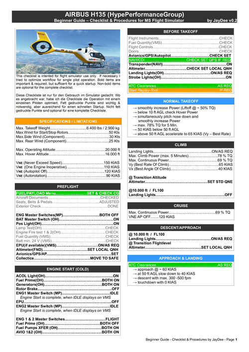 Airbus H135 Helicopter - Checklist/Procedures/ Beginners Guide