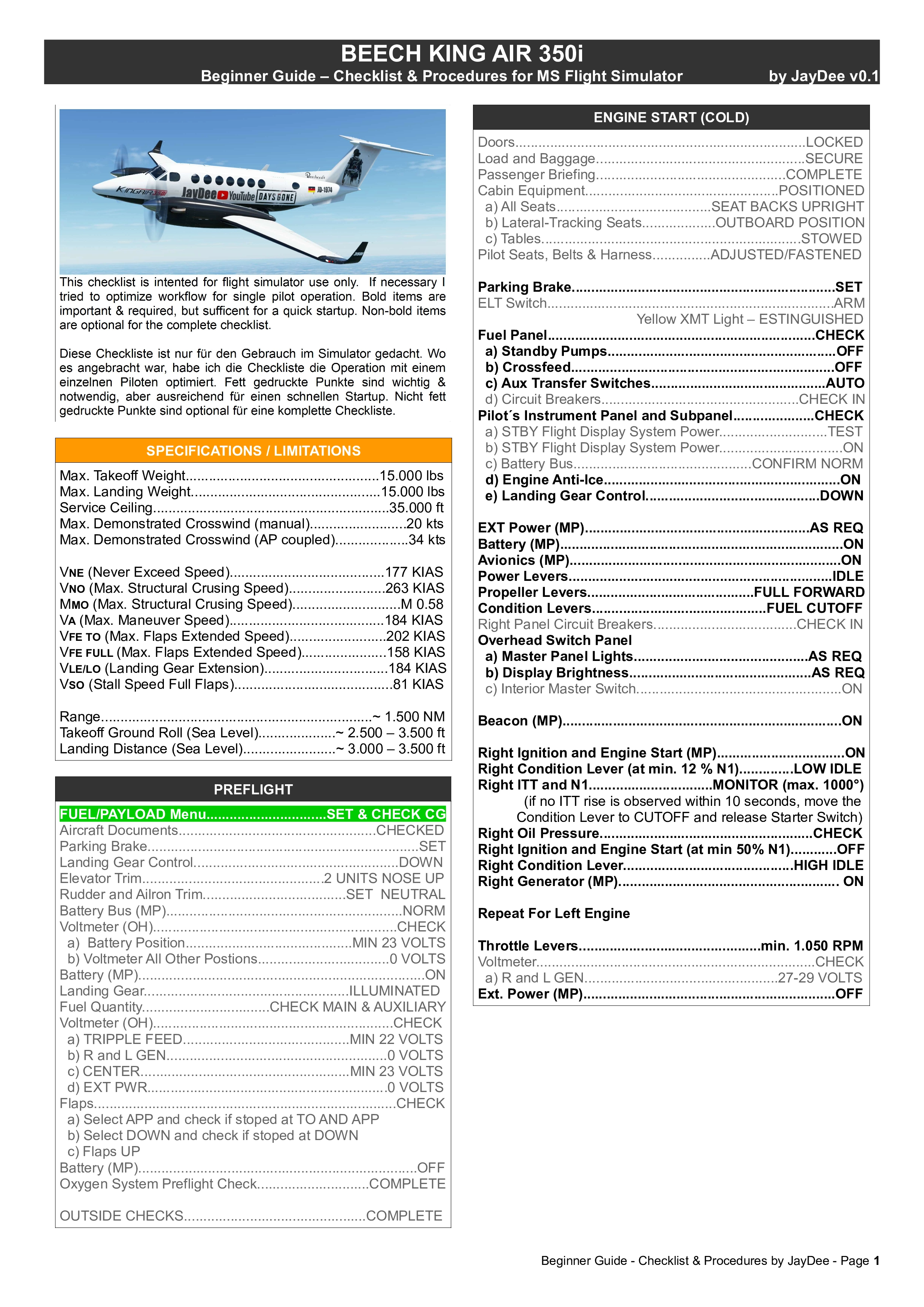 Beech King Air 350i - JDs Checklist & Procedures (Comprehensive Guide) - Image 1