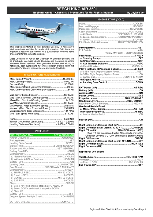 Beech King Air 350i - JDs Checklist & Procedures (Comprehensive Guide)