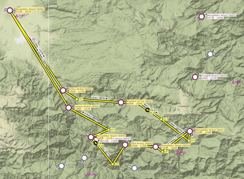 Papua flight plan, roundtrip from Wurigelebur (WAXU) to 7 small mountain airstrips, 78 nm