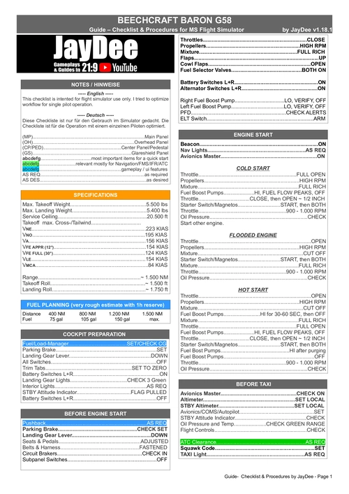 Beech Baron G58 - JDs Comprehensive Checklist & Procedures