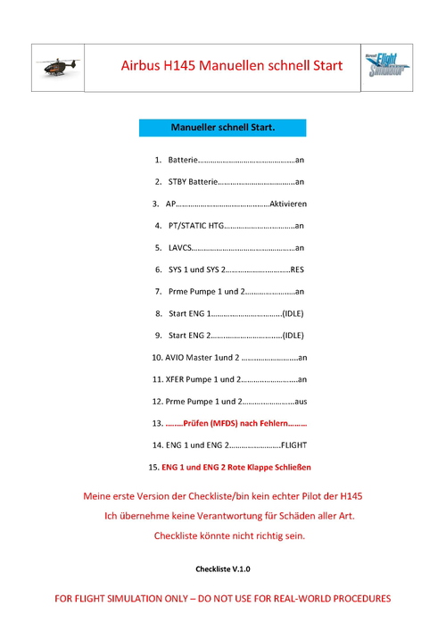 Airbus H145 Quick Start Checklist