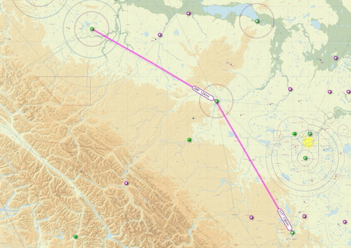 GPS Flightplan route Red Deer Regional to Grande Prairie AB.