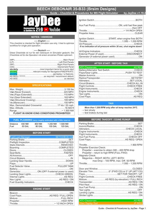 Debonair 35-B33 - JayDee´s Checklist & Procedures (PDF)