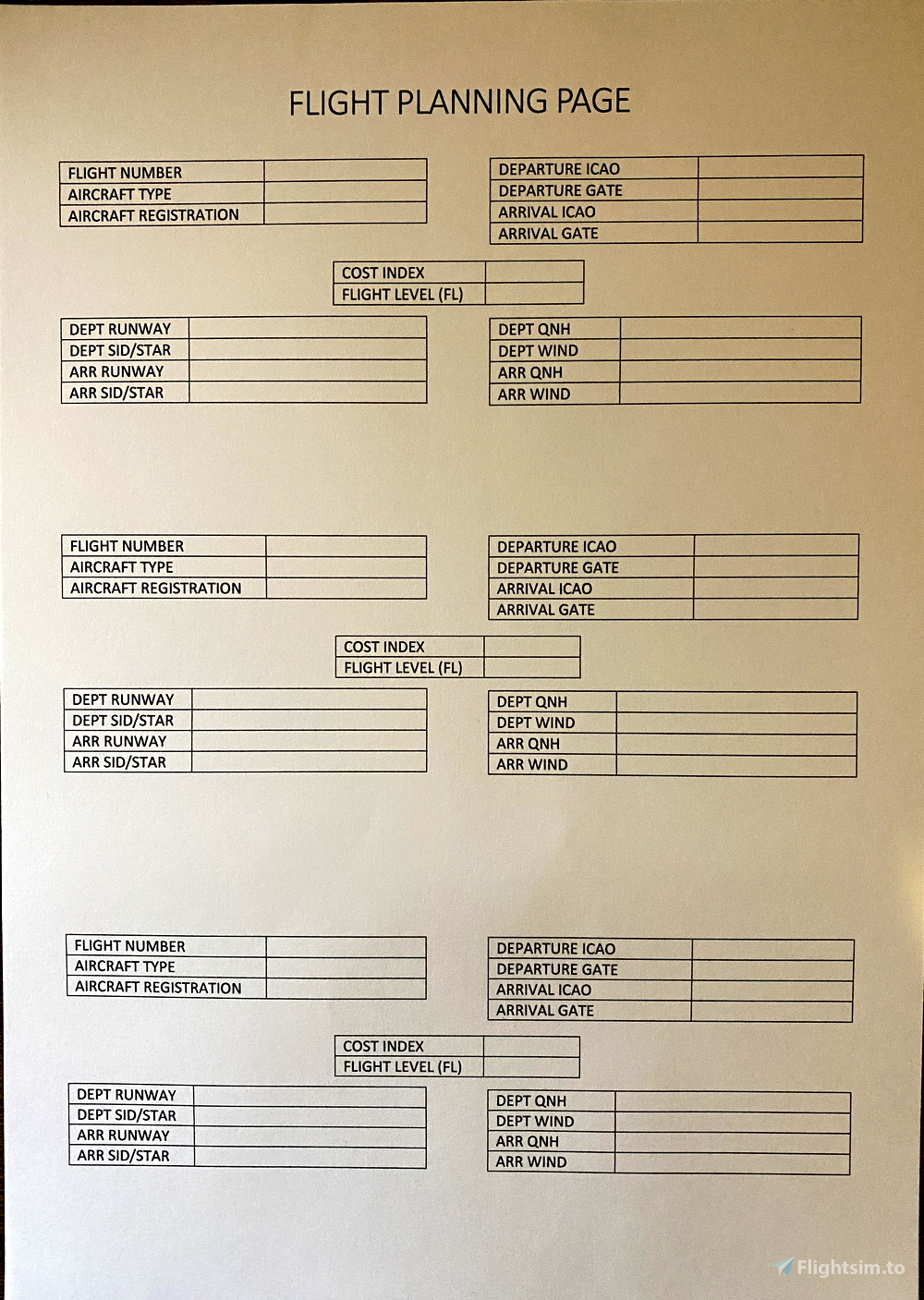 Flight Planning Print Out Page Basic Information for Microsoft Flight