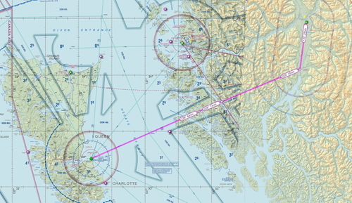 Flightplan GPS route Terrace BC to Sandspit BC