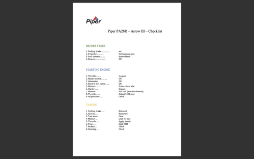 Piper Arrow III - Checklist 