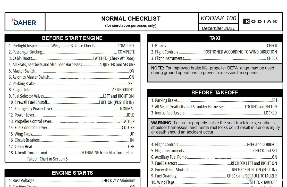 Kodiak 100 SWS Checklist for Microsoft Flight Simulator | MSFS