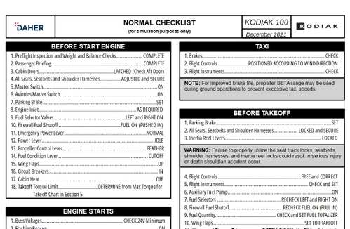 Kodiak 100 SWS Checklist