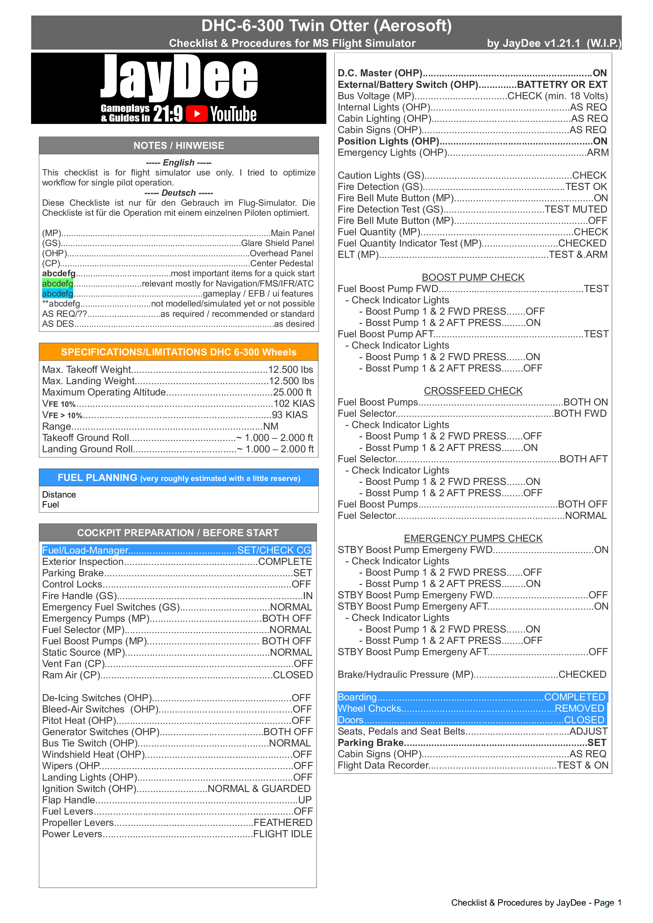 DHC-6-300 TWIN OTTER - JayDee´s Checklist & Procedures (PDF) - Image 1