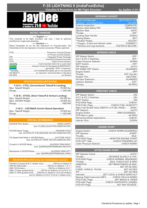 F-35 Lightning II - JayDee´s Checklist & Procedures (PDF)