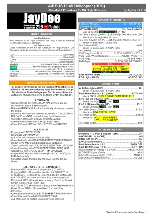 H145 Helicopter (HPG) - JayDee´s Checklist & Procedures (PDF)