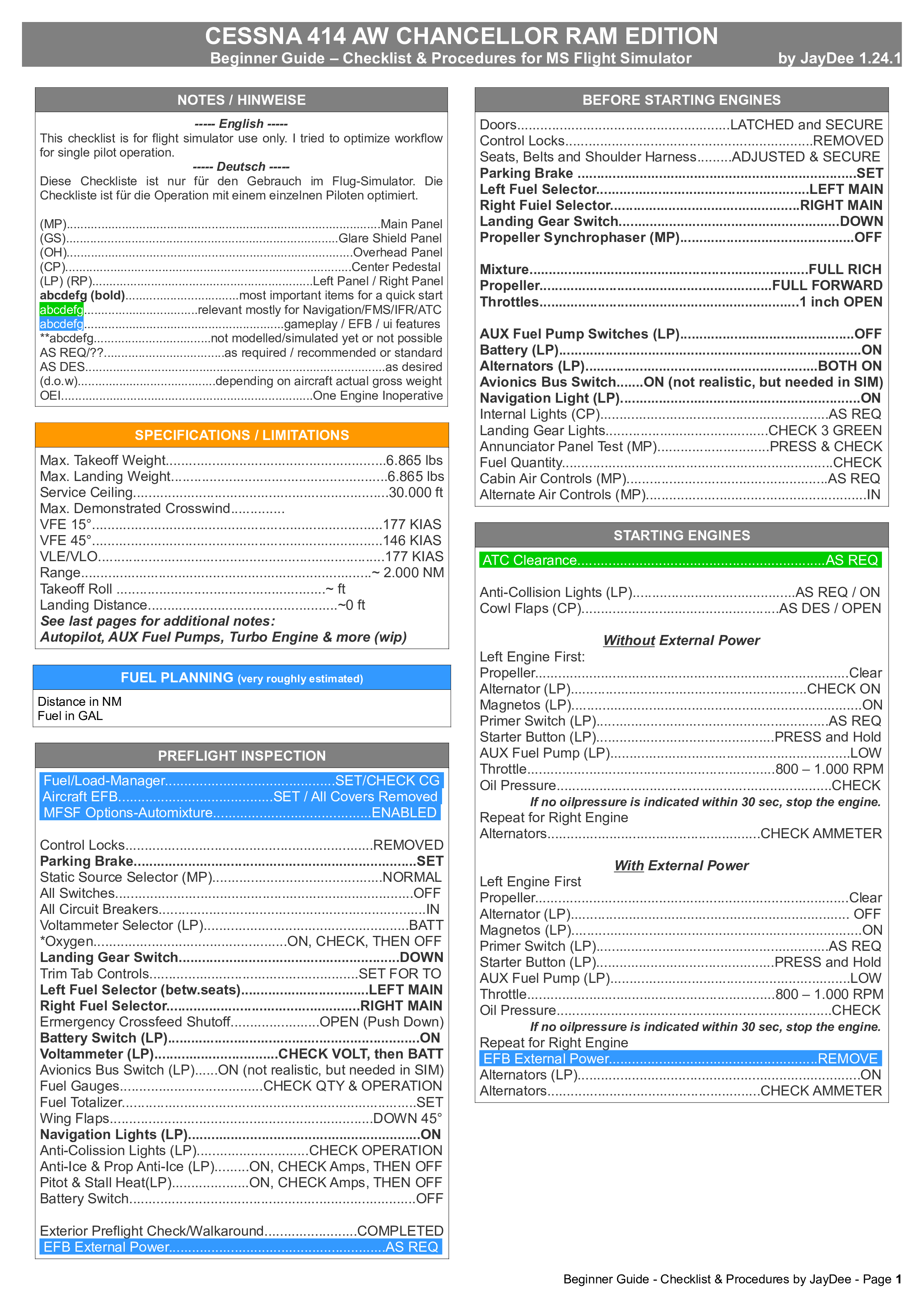 Cessna 414 AW RAM - Guide Checklist & Procedures  - Image 1