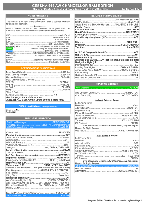Cessna 414 AW RAM - Guide Checklist & Procedures 