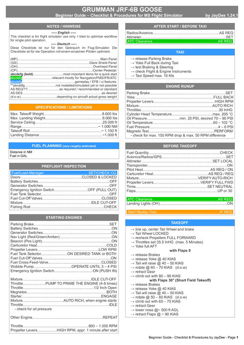JRF-6B GOOSE - Guide Checklist & Procedures 