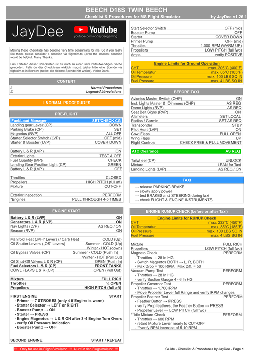 Beech D18S - Guide - Checklist & Procedures