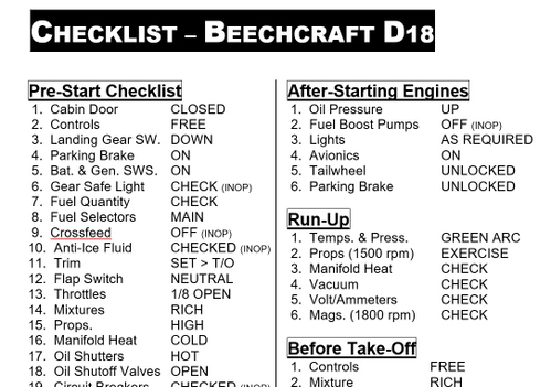 Beechcraft Model 18 "Twin Beech" - Checklist
