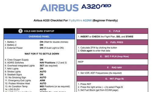 Beginner Friendly Checklist for Airbus A320 NEO (FlyByWire A32NX)