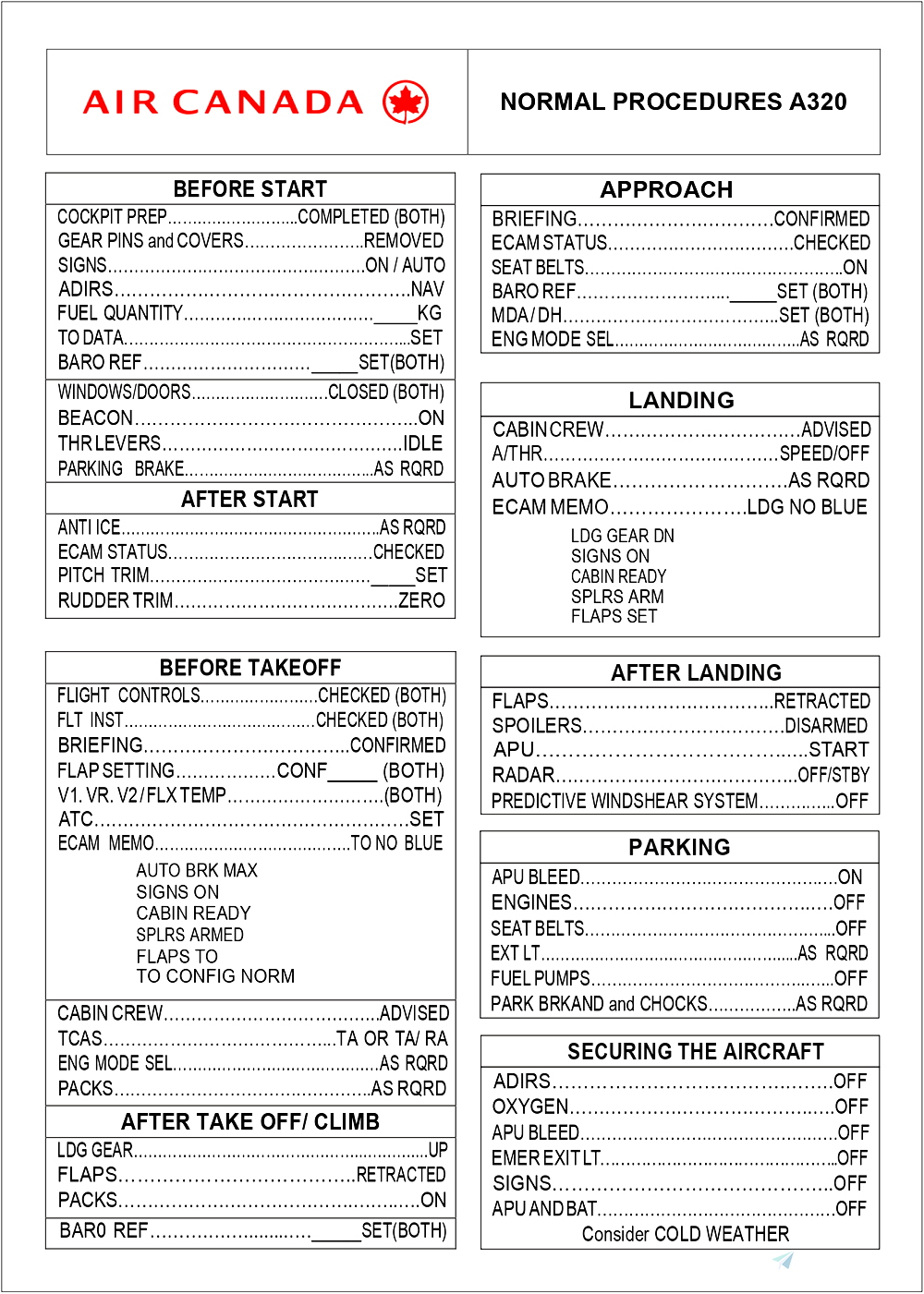 Checklist Air Canada FENIX A320 Engine CFM56 for Microsoft Flight