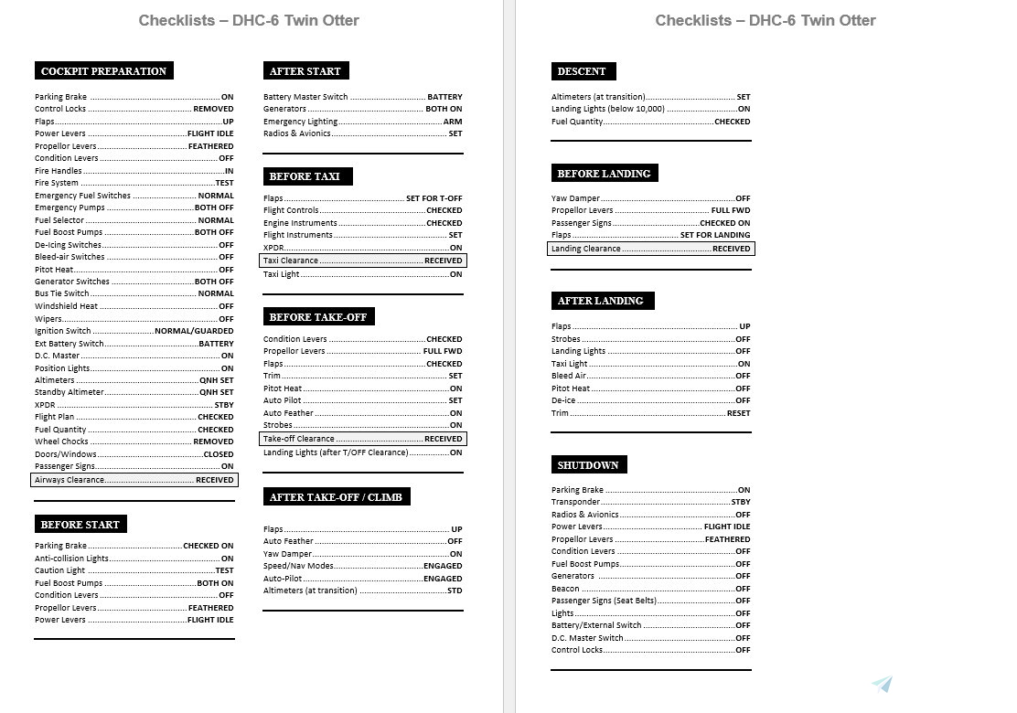 DHC-6 Twin Otter Checklist - Transair v1.0 for Microsoft Flight