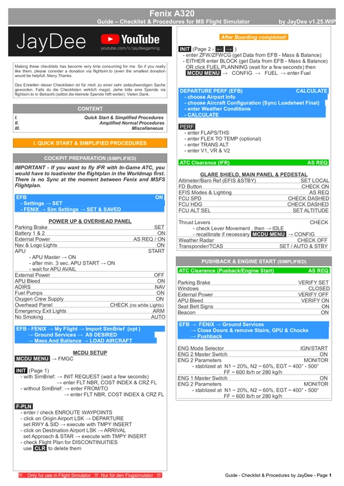 Fenix A320 - Guide - Checklists & Procedures