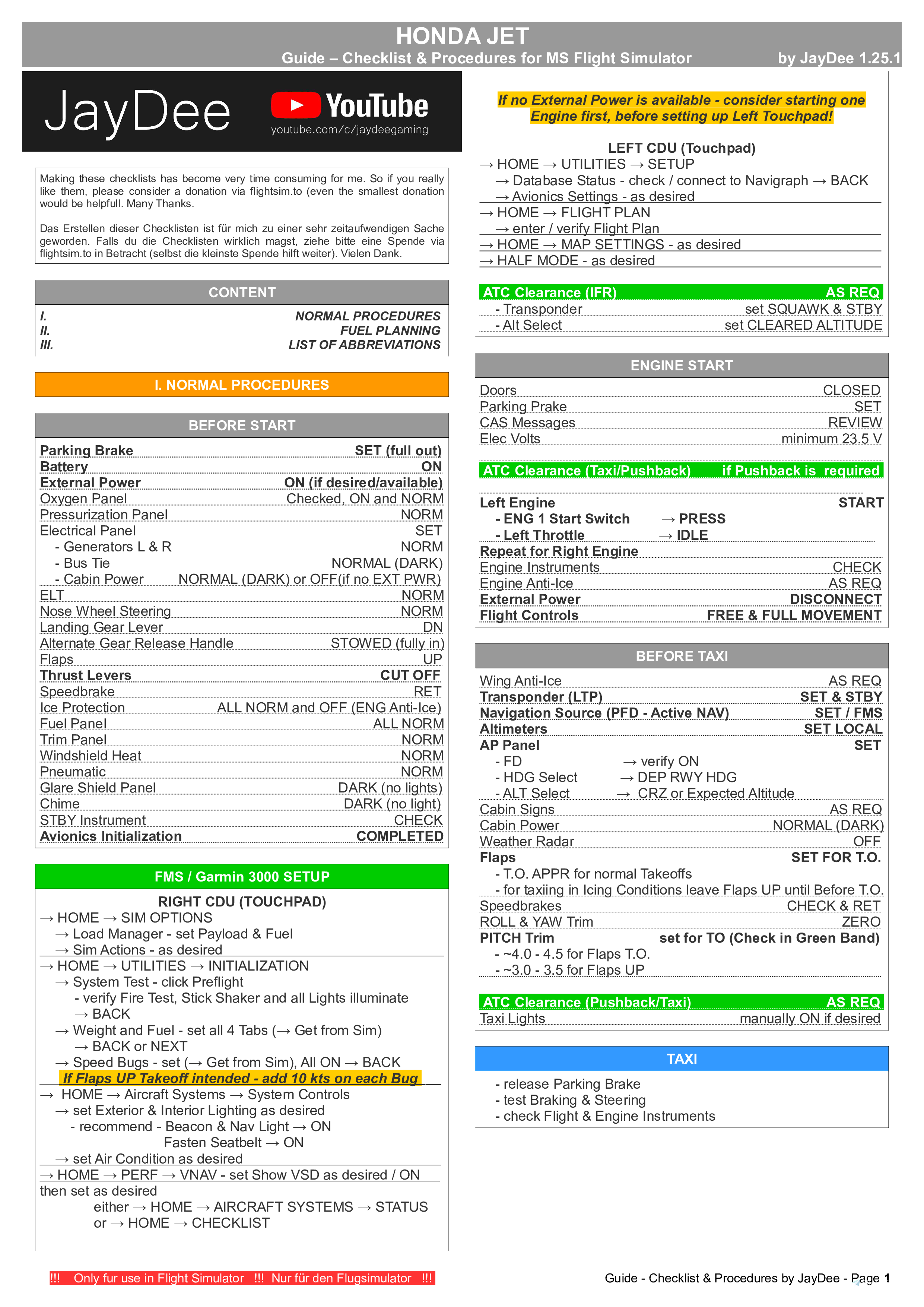 Honda Jet HJET HA420 - Guide - Checklist & Procedures for