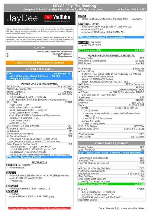 MD 82 (Fly The Maddog X) - Guide - Checklist & Procedures