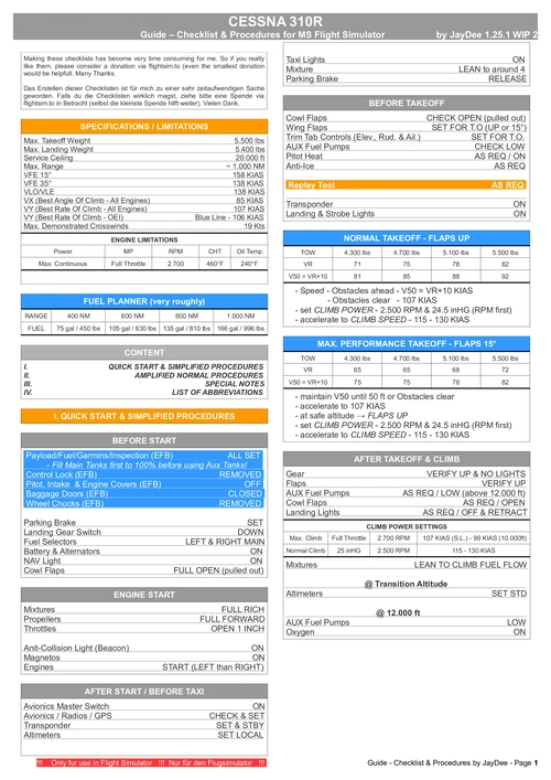 MilViz 310R - Guide - Checklists & Procedures