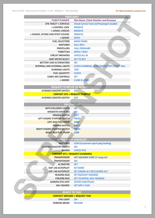UPDATED 10/06 - Milviz C310R Abbreviated Checklist / UK, EU & USA / VFR & IFR with or without ATC
