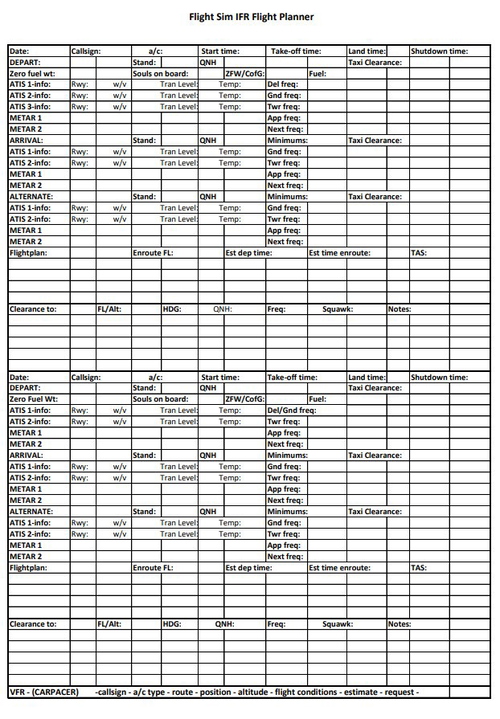 VATSIM/IVAO flight planning sheet