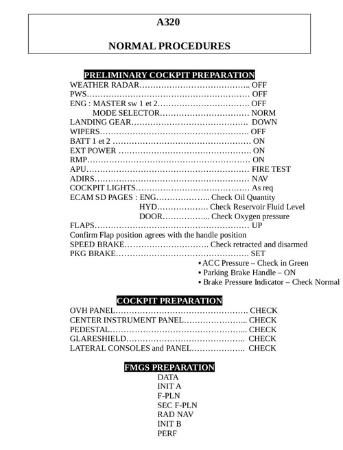 A320 CHECKLIST NORMAL PROCEDURES