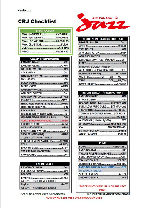 Air Canada - Jazz CRJ checklist