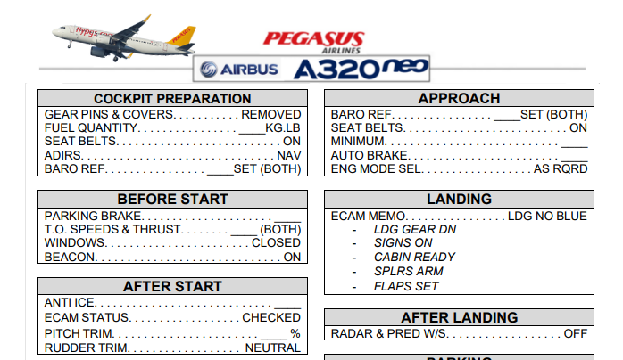 Airbus A320ceo/A320neo Checklist - with Pegasus Airlines logo over it ...