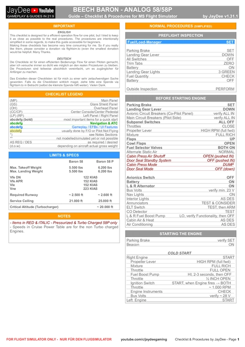 Analog Baron - JayDee´s Checklist & Procedure Guide