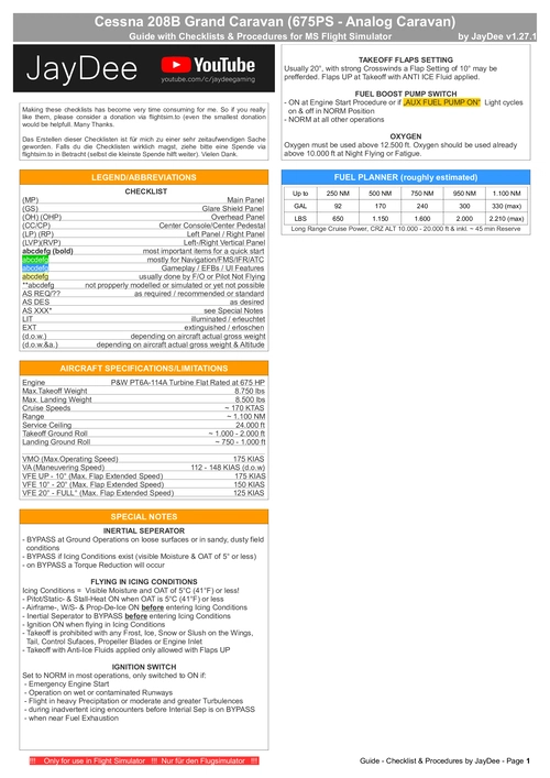 Analog Caravan - Cessna 208 - Checklist & Procedures