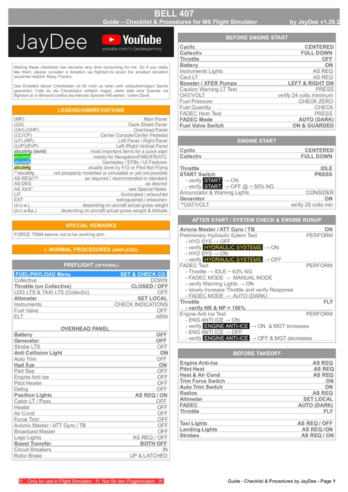 Bell 407 - Checklist & Procedures