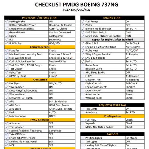 CHECKLIST PMDG BOEING 737NG - B737-600/700/800 | Cold and Dark