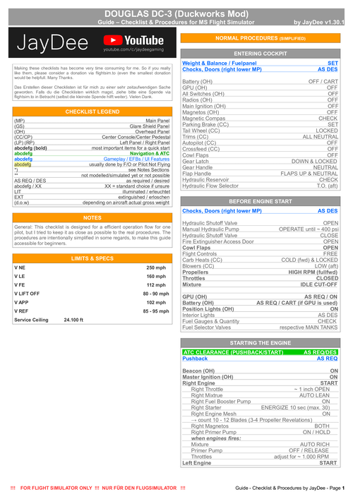 DC-3  - Checklist & Procedures