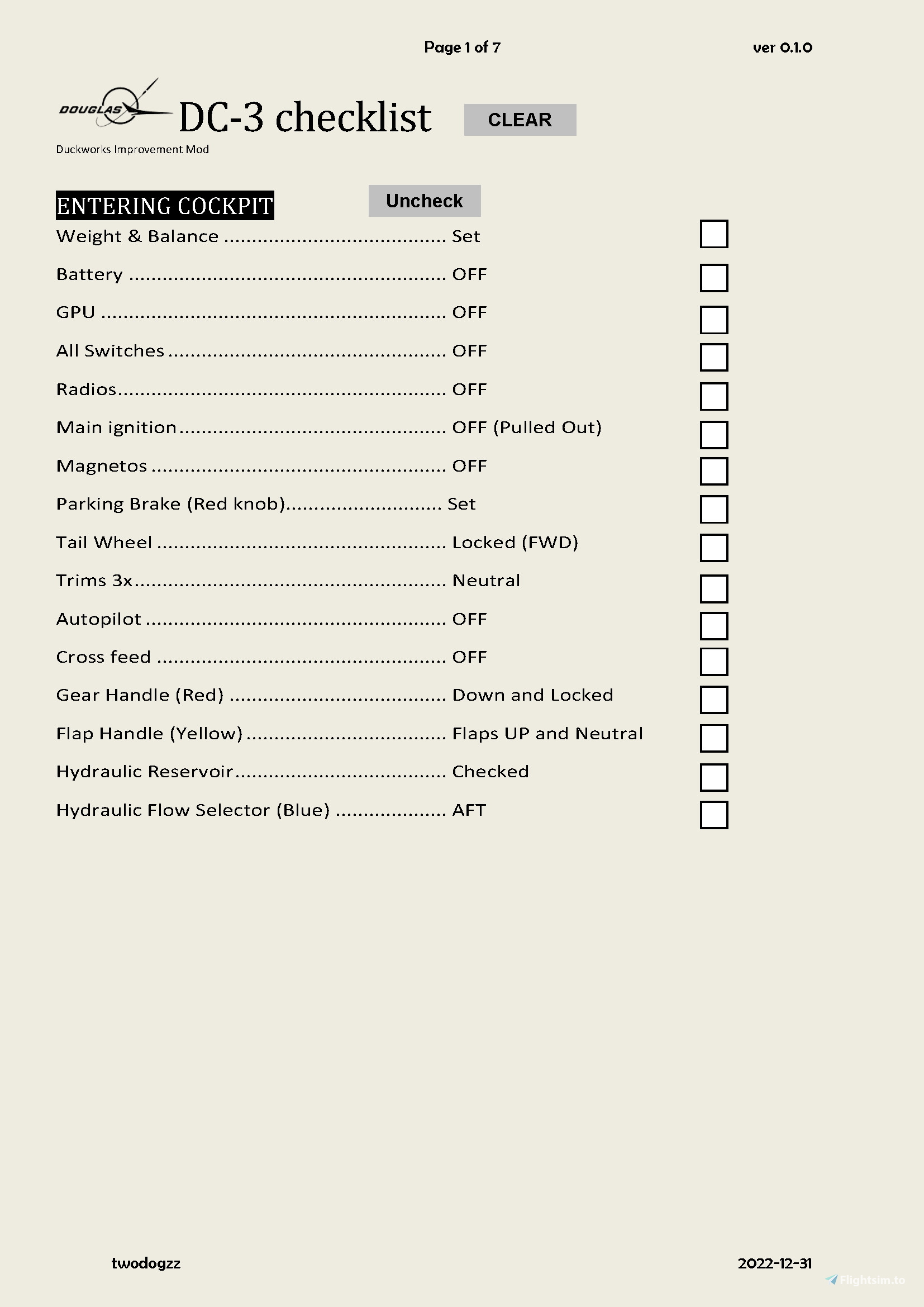 DC-3 Checklist - for Duckworks Improvement mod - Image 1